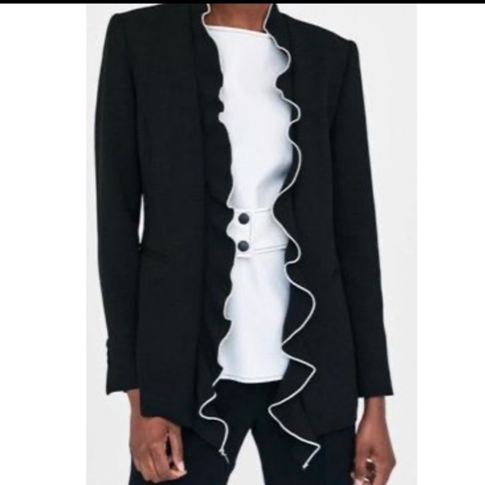 Zara Basic Blazer W/ Ruffle Lapel Collar, Contras… - image 4